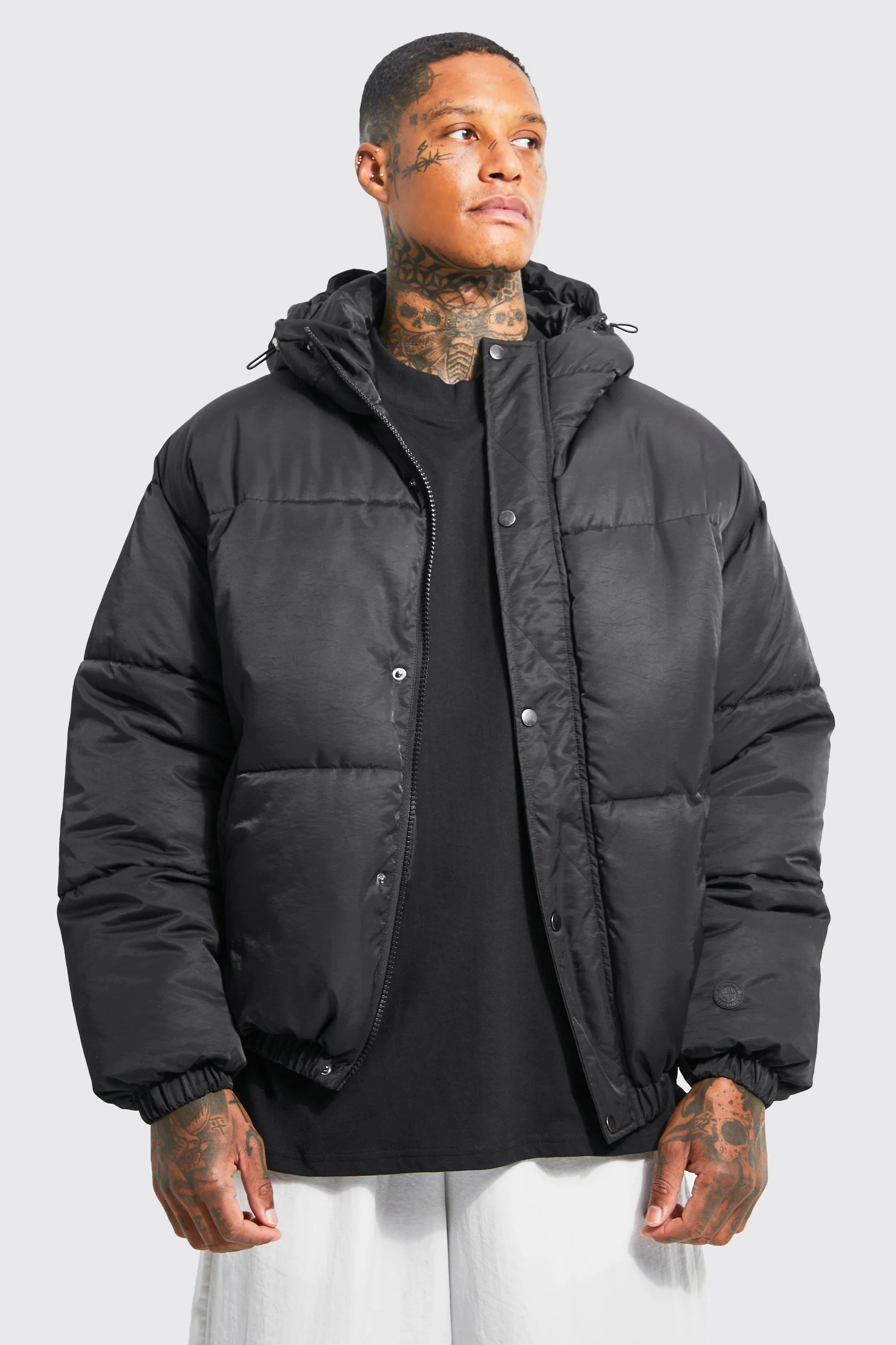 Oversized Hooded Popper Puffer | boohooMAN UK