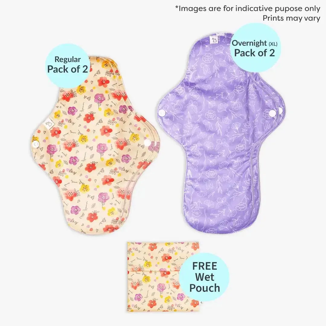 Pack of 4 (2 Regular + 2 Overnight) (Print/Colour may vary) + Free Wet Pouch