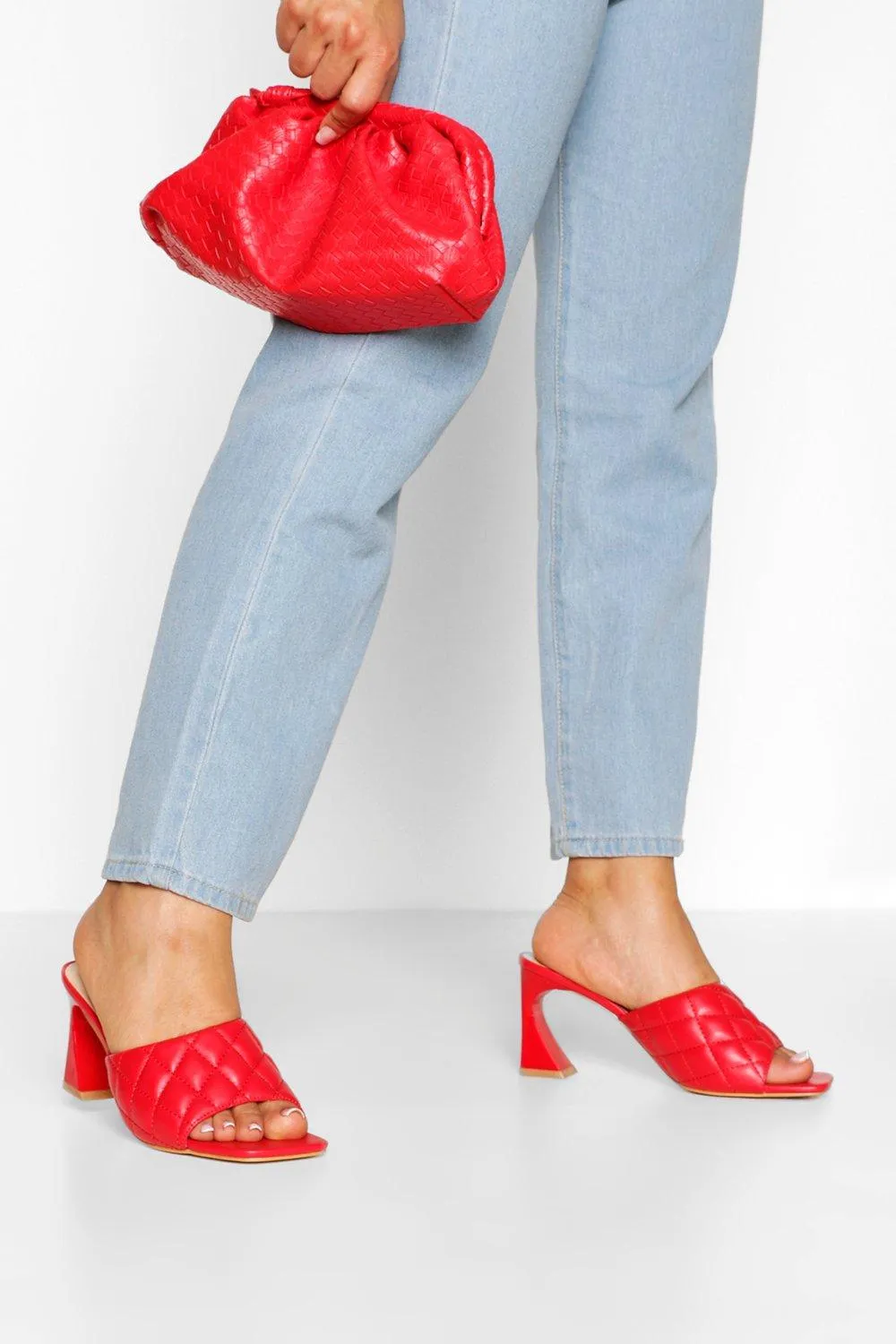 Quilted Square Toe Low Heel Mules