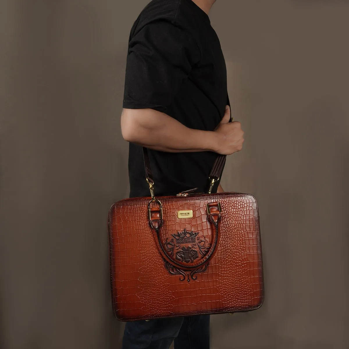 Removable Strap Embossed Lion Croco Print Tan Leather Laptop Office Briefcase With Extra Compartment by Brune & Bareskin