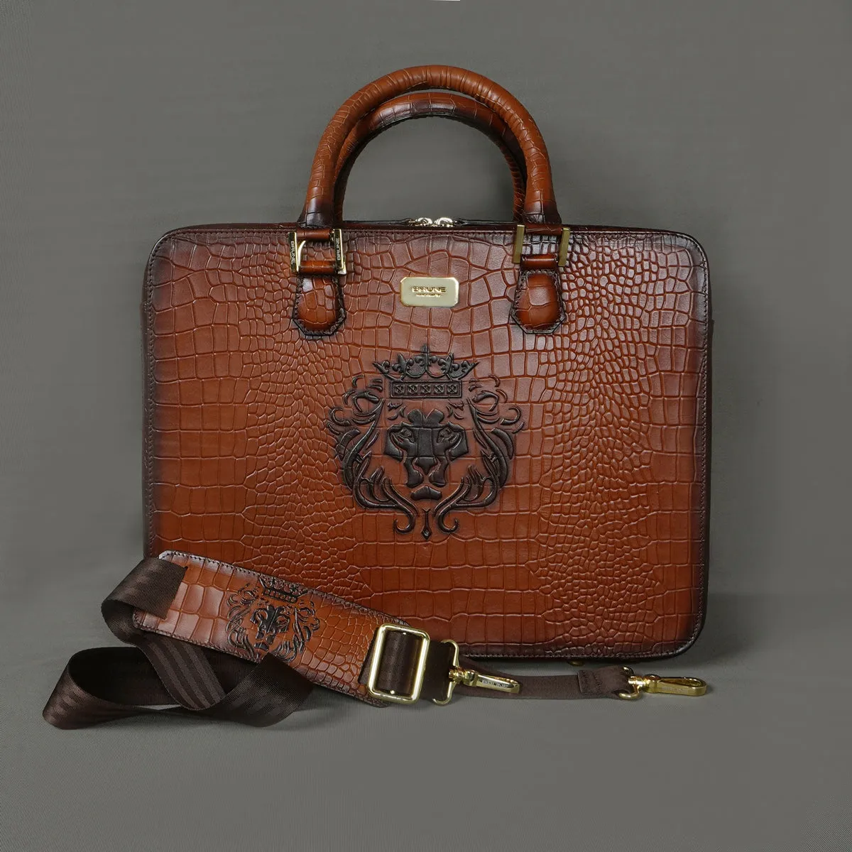 Removable Strap Embossed Lion Croco Print Tan Leather Laptop Office Briefcase With Extra Compartment by Brune & Bareskin