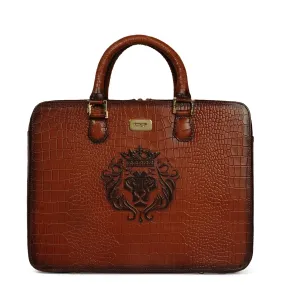 Removable Strap Embossed Lion Croco Print Tan Leather Laptop Office Briefcase With Extra Compartment by Brune & Bareskin