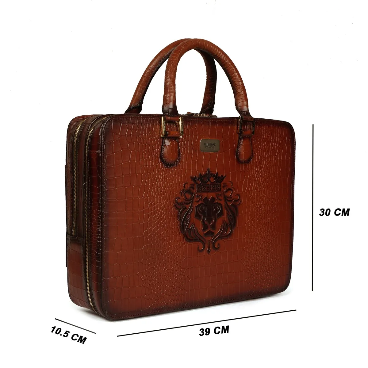 Removable Strap Embossed Lion Croco Print Tan Leather Laptop Office Briefcase With Extra Compartment by Brune & Bareskin