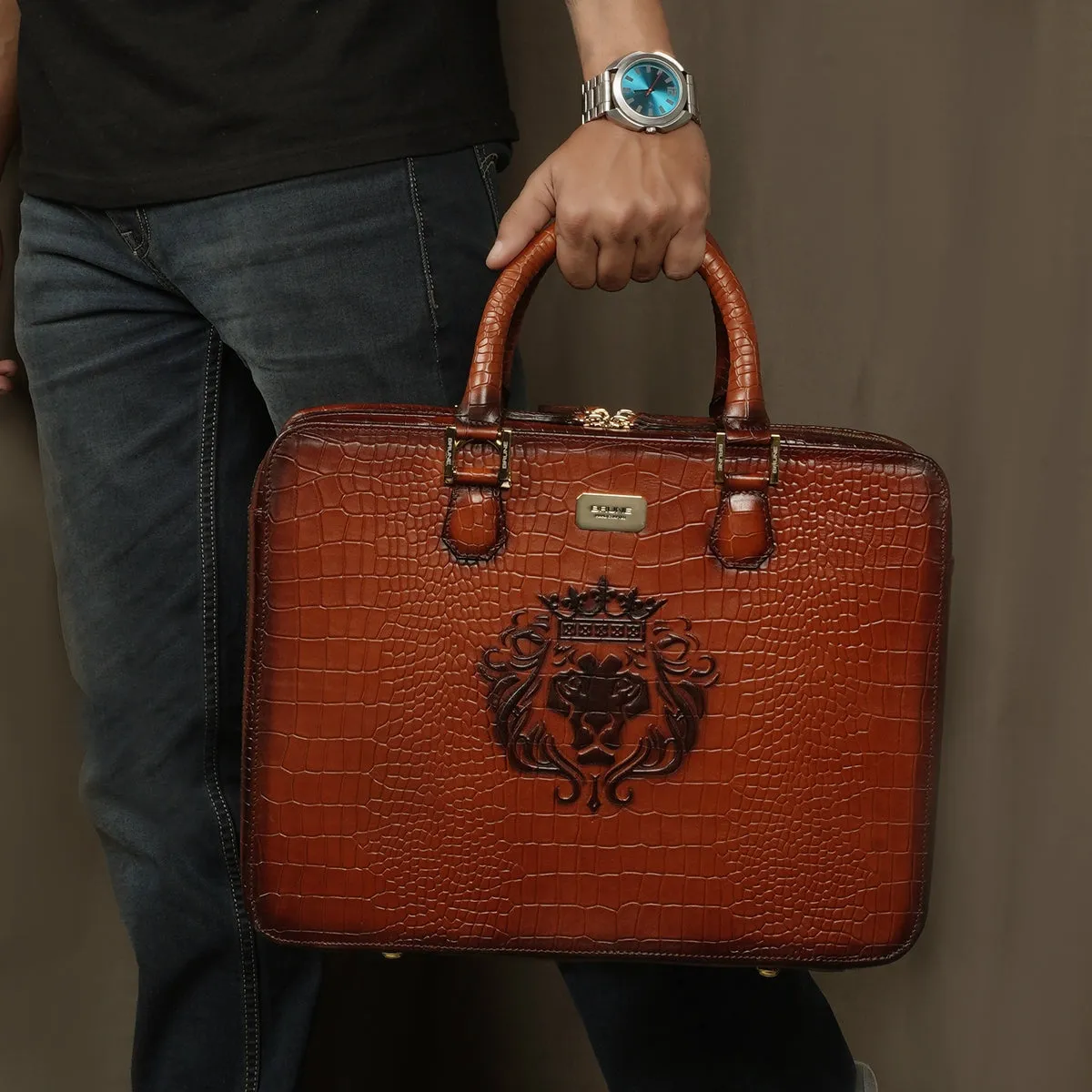 Removable Strap Embossed Lion Croco Print Tan Leather Laptop Office Briefcase With Extra Compartment by Brune & Bareskin