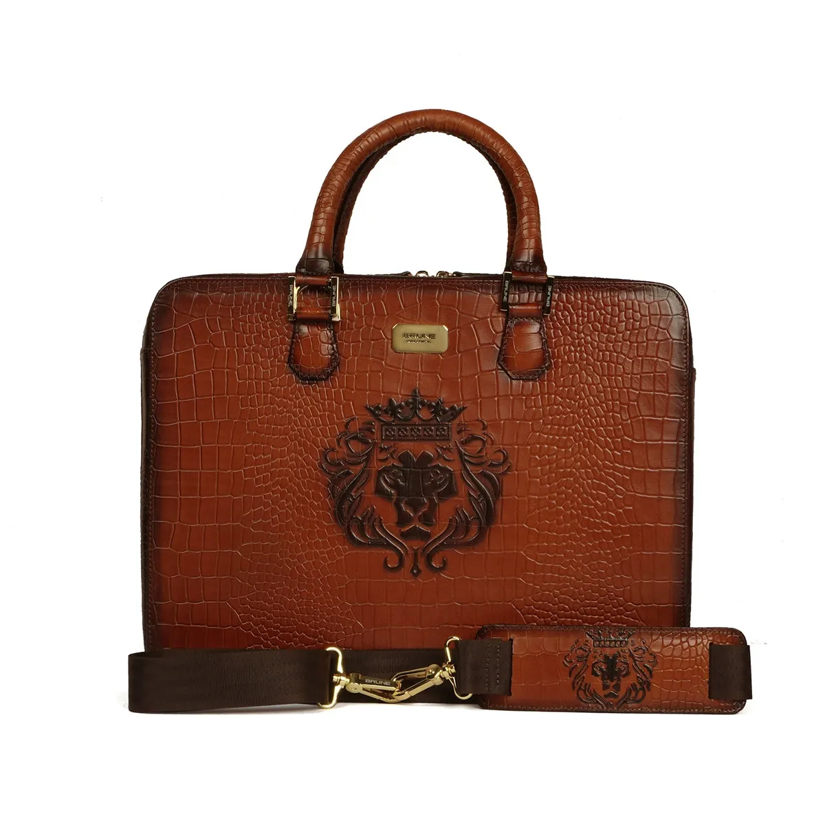 Removable Strap Embossed Lion Croco Print Tan Leather Laptop Office Briefcase With Extra Compartment by Brune & Bareskin