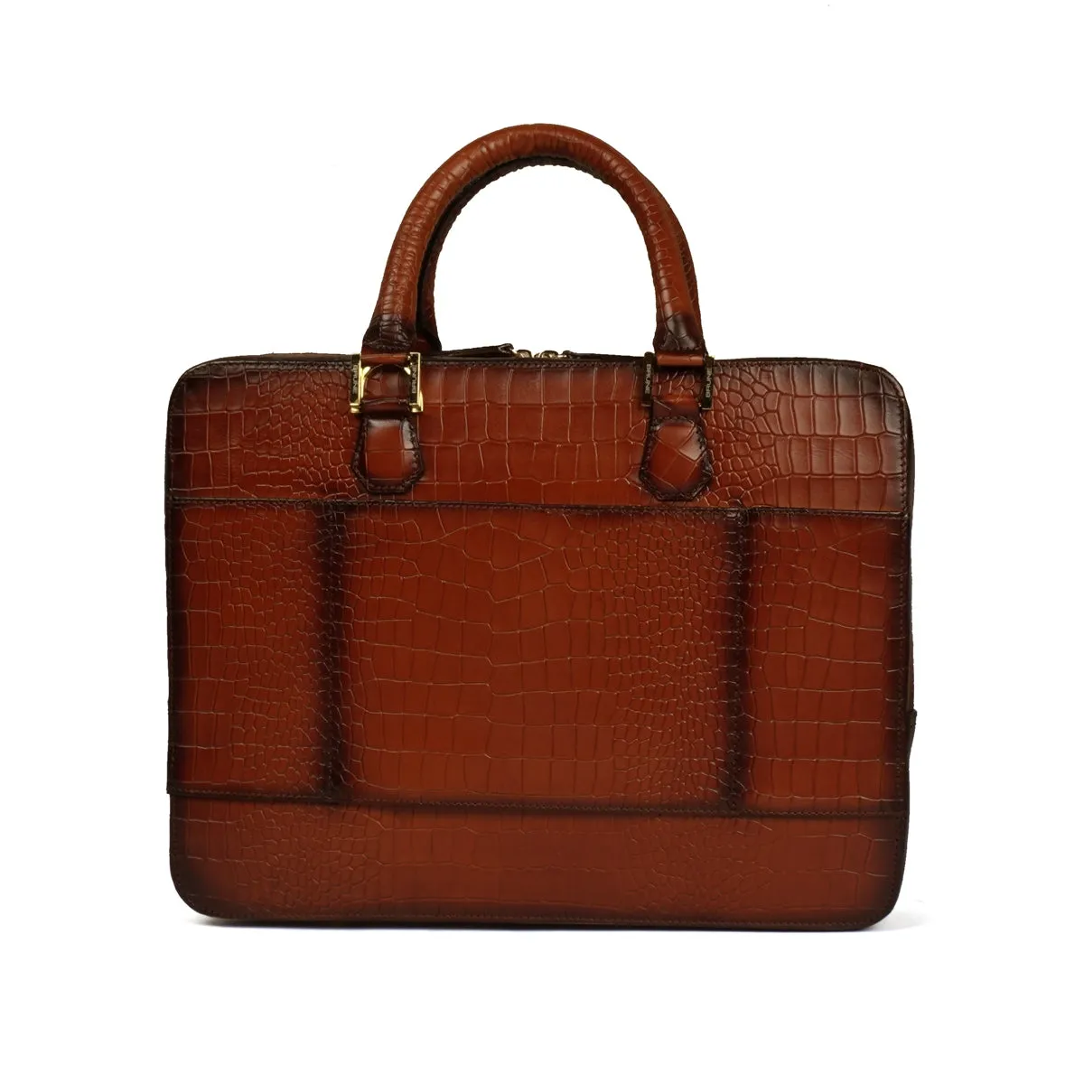 Removable Strap Embossed Lion Croco Print Tan Leather Laptop Office Briefcase With Extra Compartment by Brune & Bareskin