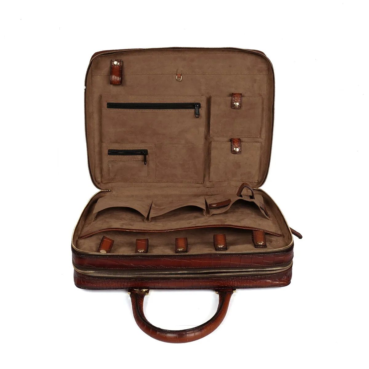 Removable Strap Embossed Lion Croco Print Tan Leather Laptop Office Briefcase With Extra Compartment by Brune & Bareskin