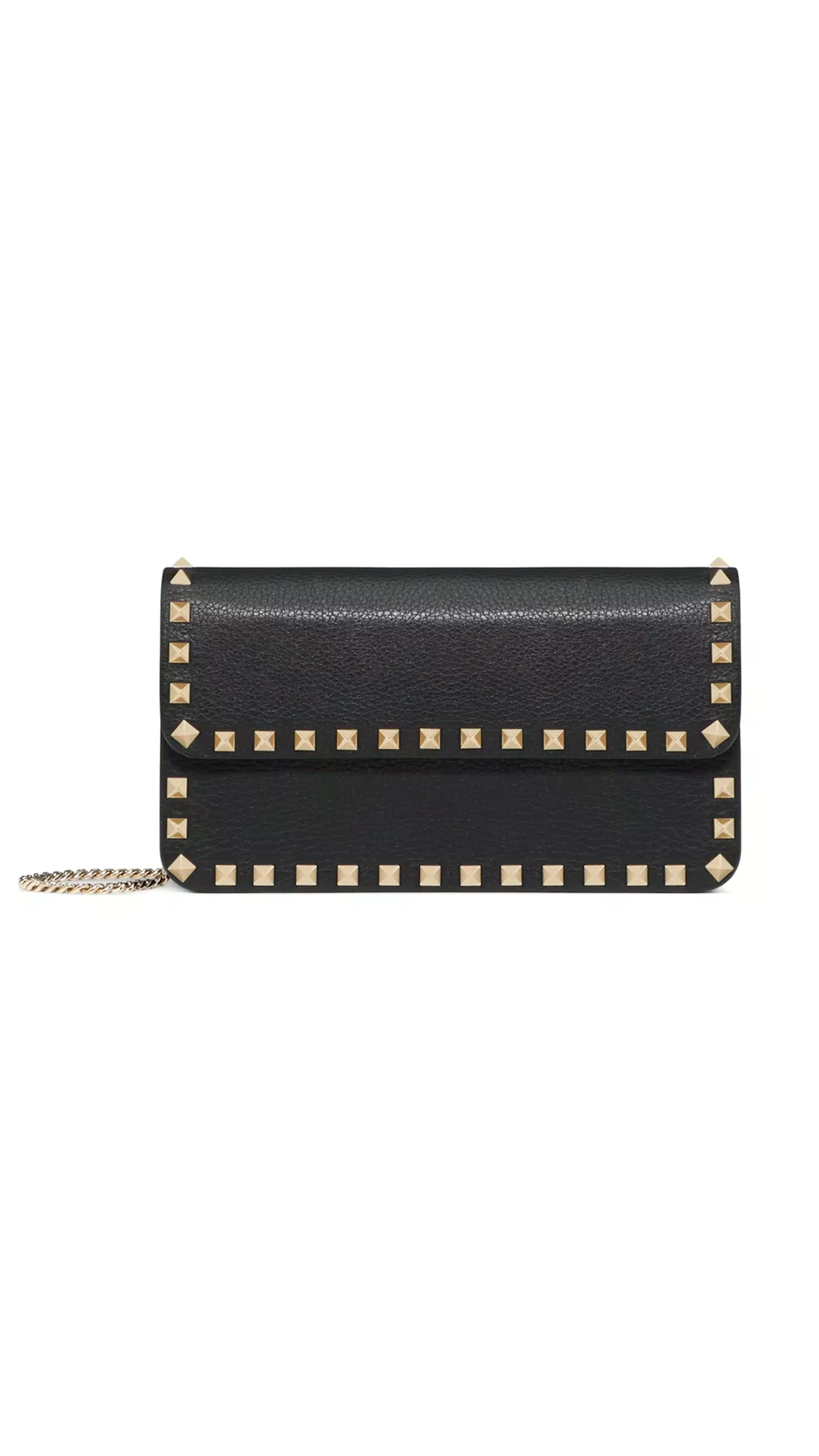 Rockstud Grainy Calfskin Chain Pouch - Black