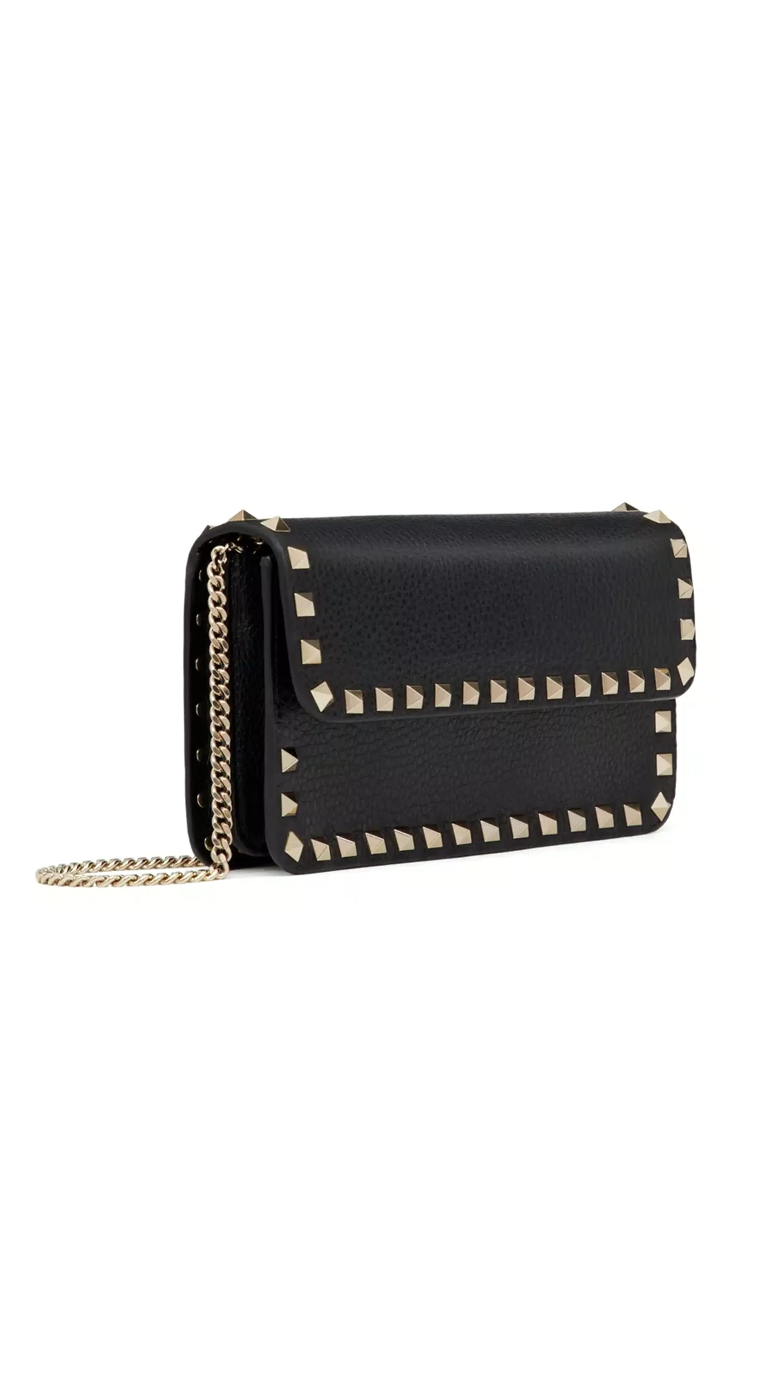 Rockstud Grainy Calfskin Chain Pouch - Black