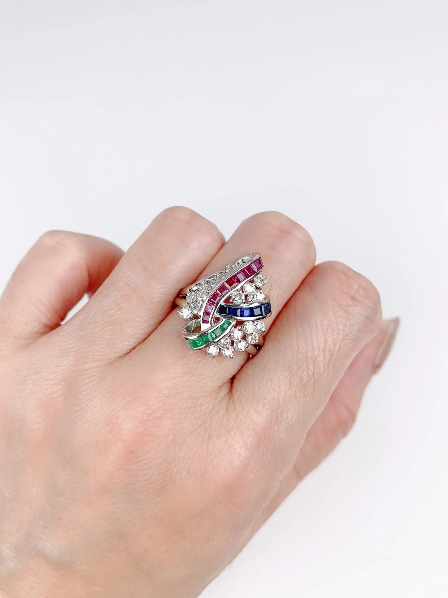 Ruby Sapphire Emerald & Diamond Cluster Ring Platinum PT900 R6720