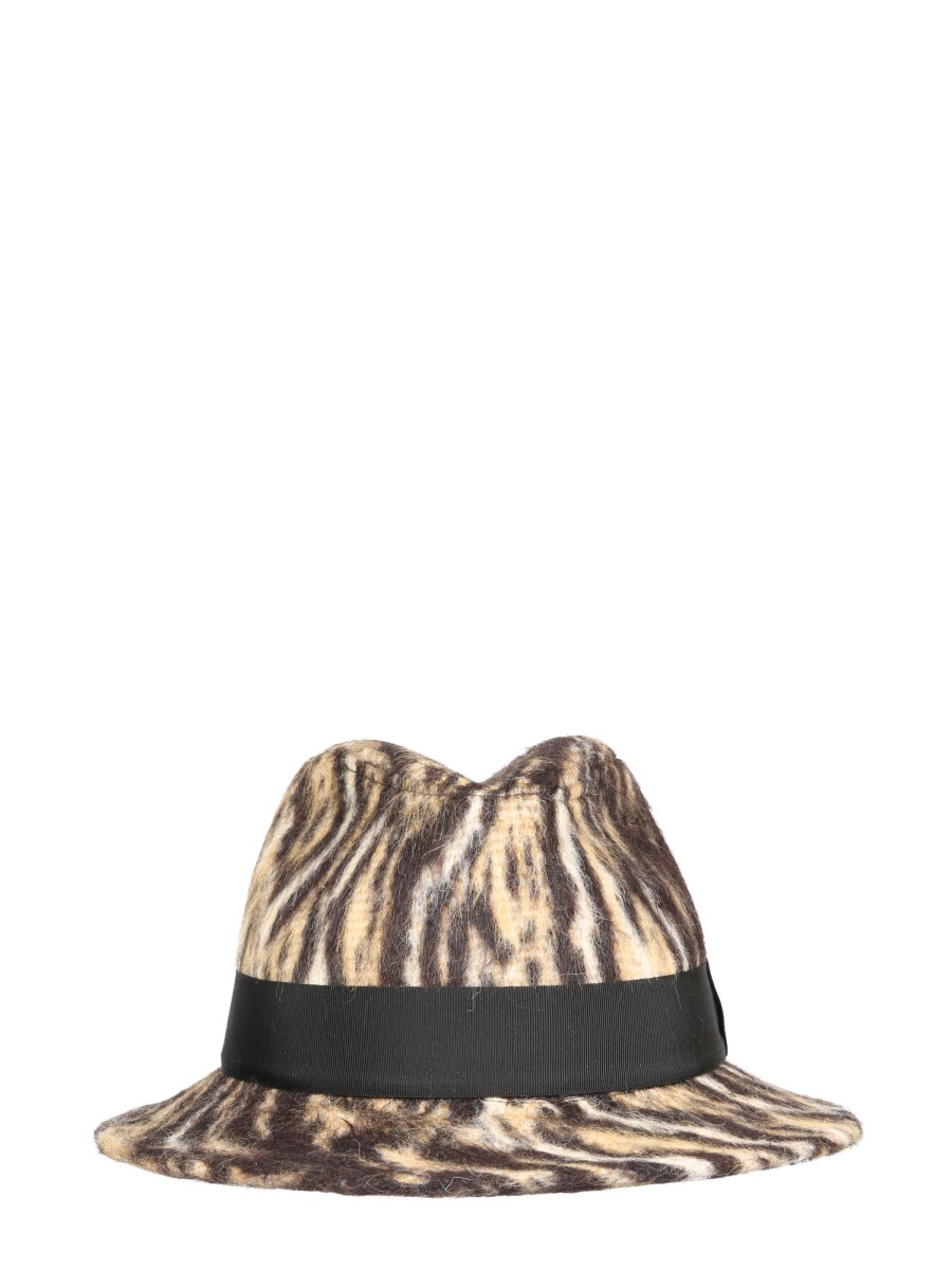 SAINT LAURENT    WIDE-BRIMMED COMBED WOOL AND ALPACA FELT HAT WITH LEOPARD PRINT