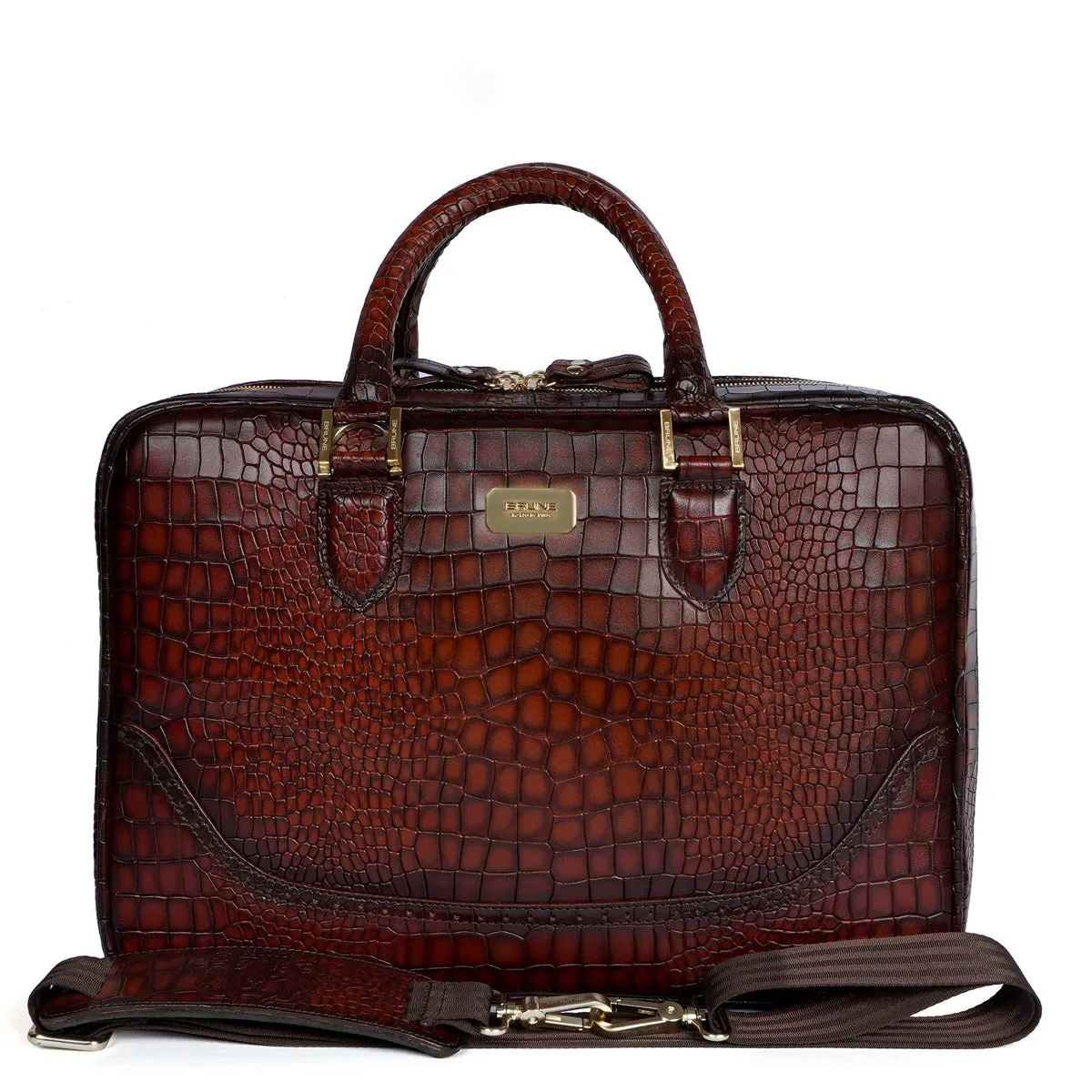 Smokey Finish Leather Laptop Briefcase in Croco Textured Espresso Brogue Detailing