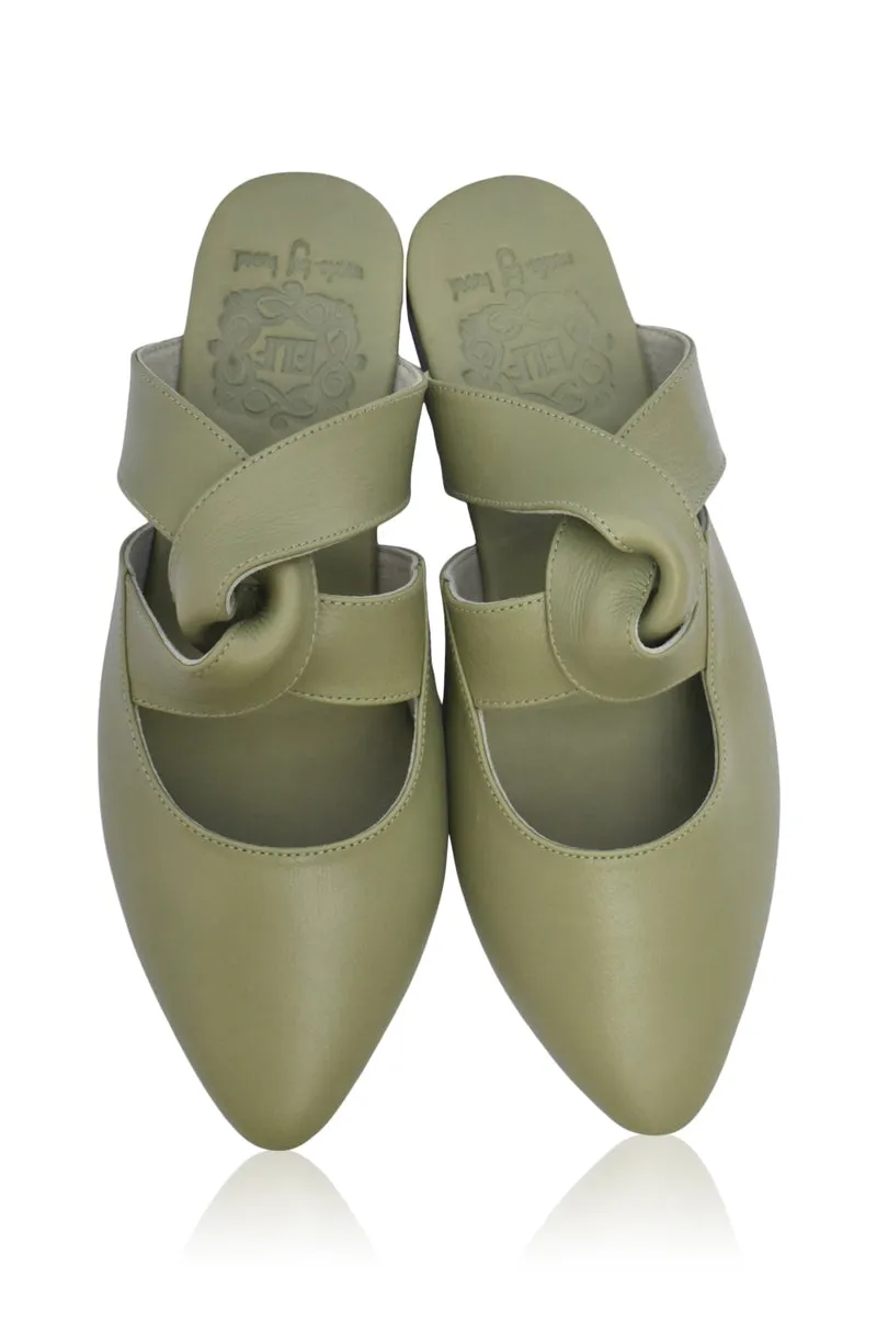 Taj Mahal Pointy Toe Mules in Olive Green