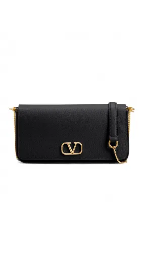 Vlogo Signature Grainy Calfskin Pouch with Chain - Black