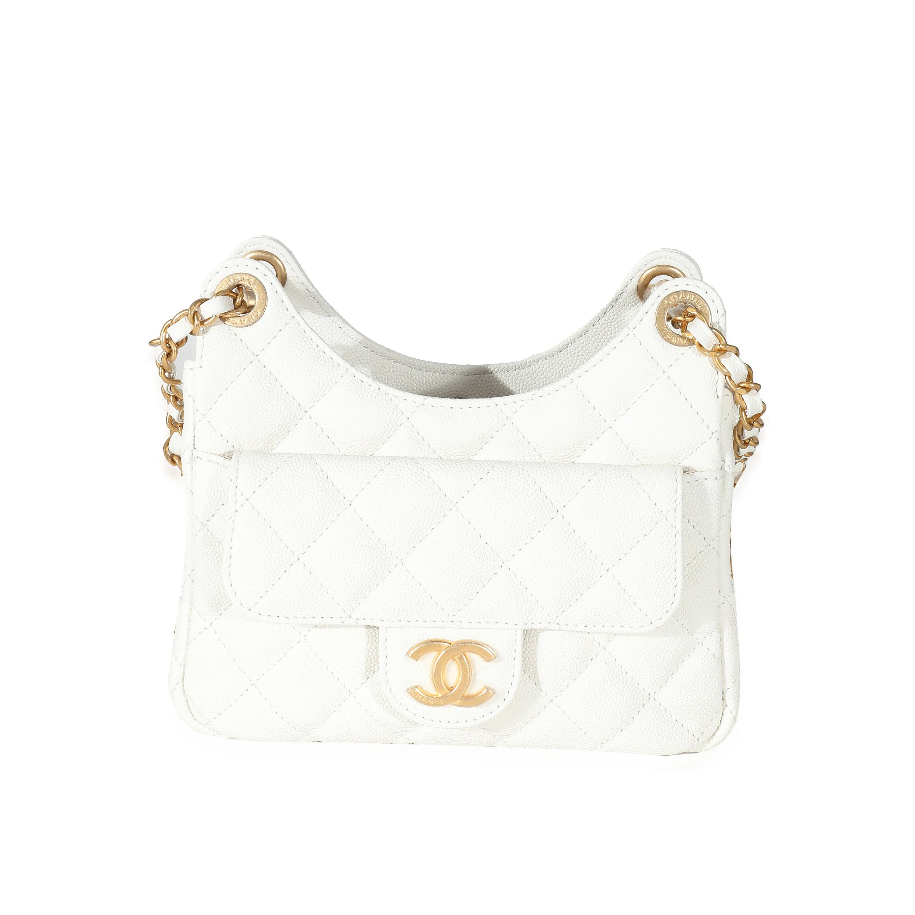 White Quilted Caviar Small Wavy CC Hobo