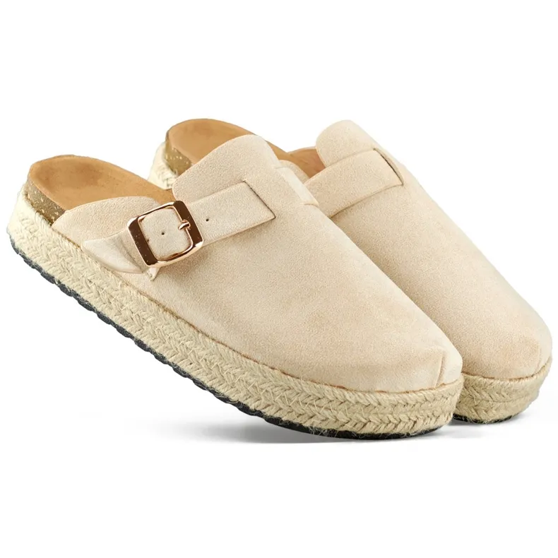 Women's covered espadrilles with a buckle, beige