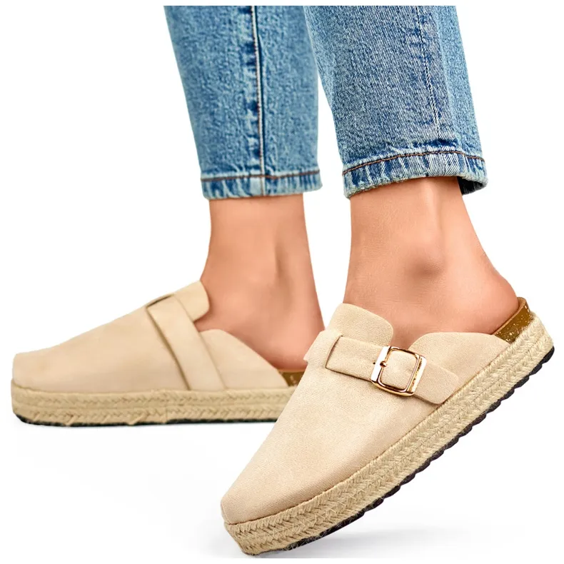 Women's covered espadrilles with a buckle, beige