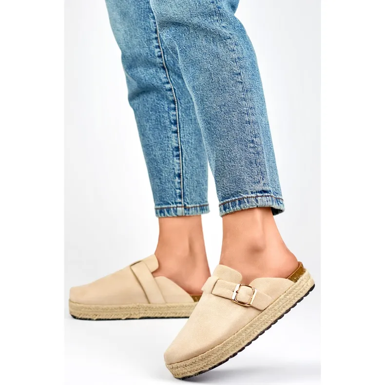 Women's covered espadrilles with a buckle, beige