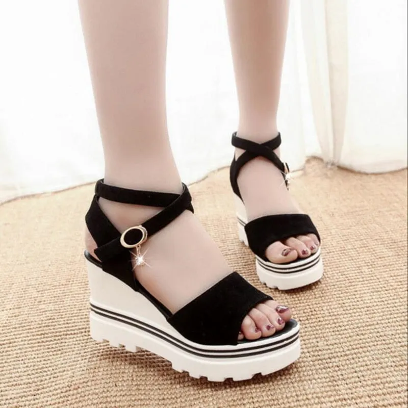 Women's Summer Leisure Style Peep Toe Buckle Strap High Heel Wedges