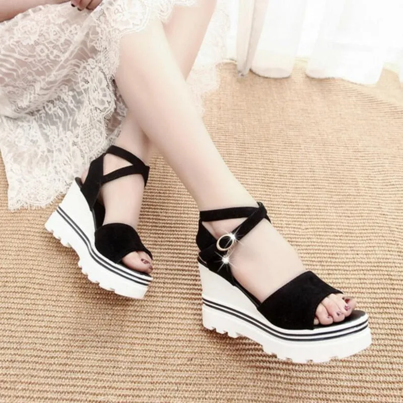 Women's Summer Leisure Style Peep Toe Buckle Strap High Heel Wedges