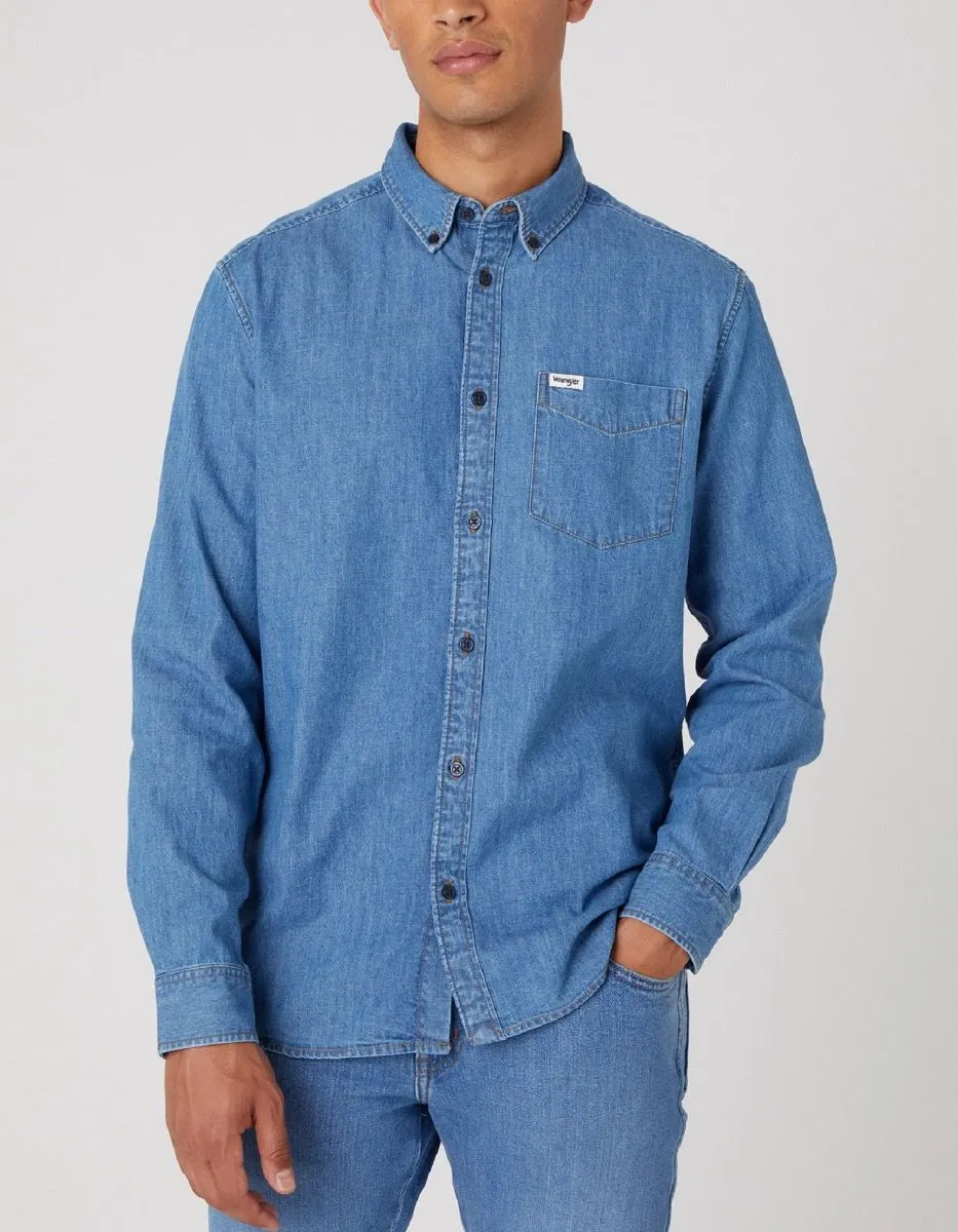 Wrangler One Pocket Button Down Denim Shirt Mid Stone