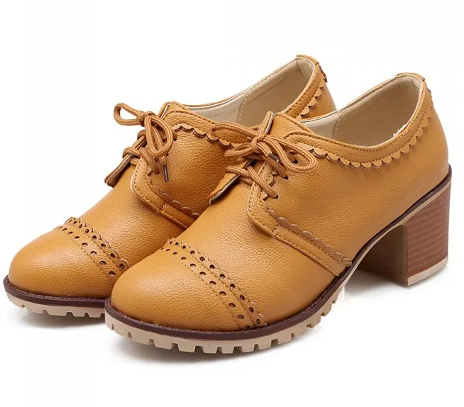 Yellow Vintage Lace Up  High Heels Women Oxfords Shoes