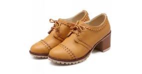 Yellow Vintage Lace Up  High Heels Women Oxfords Shoes