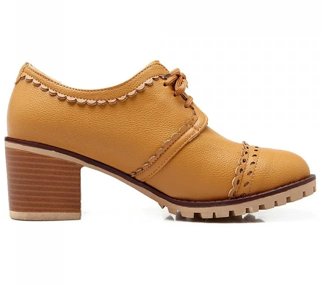 Yellow Vintage Lace Up  High Heels Women Oxfords Shoes