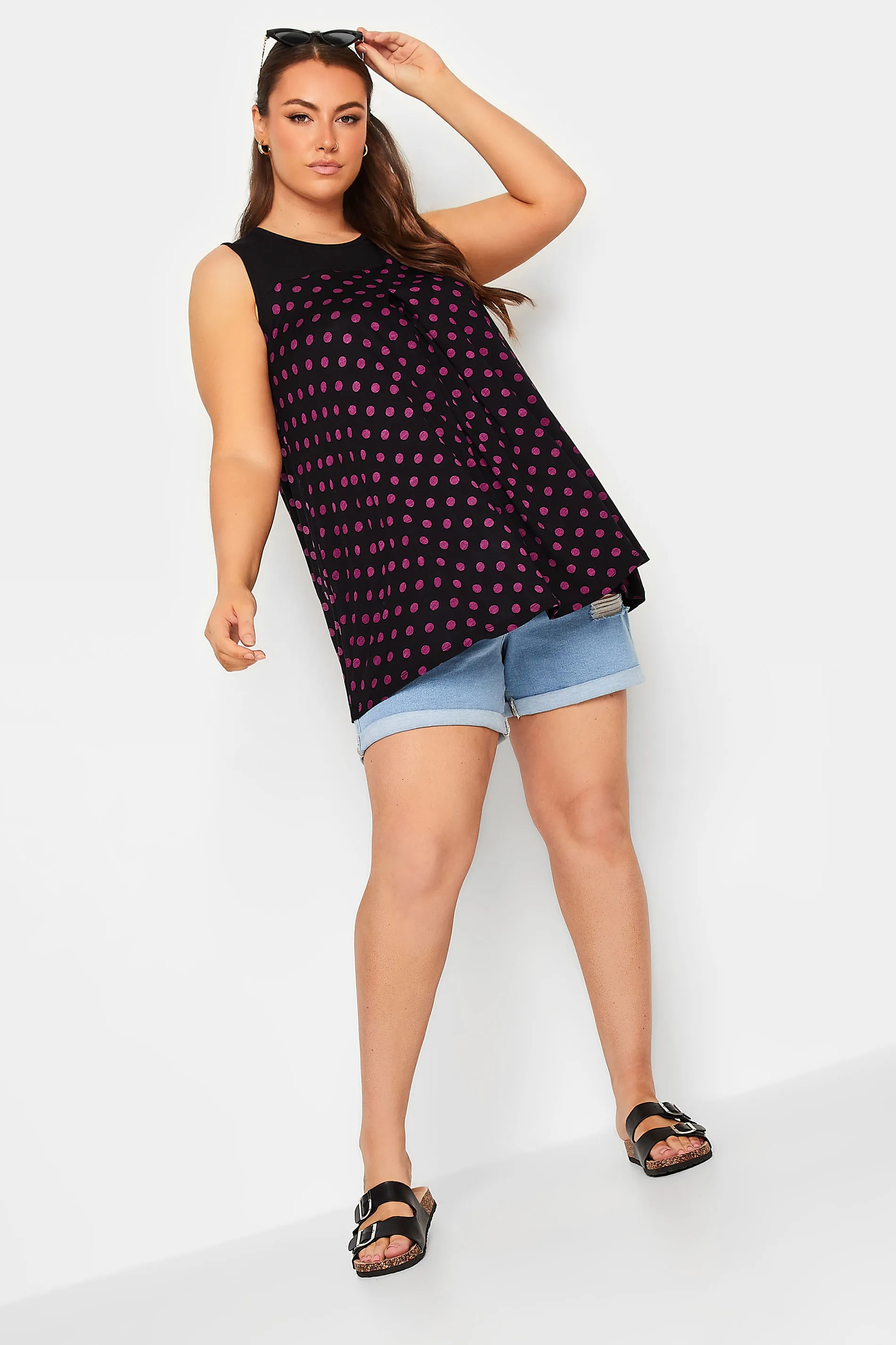 YOURS Curve Black & Pink Spotted Pleat Vest Top