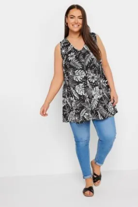 YOURS Curve Black Leaf Print Pleat Front Vest Top