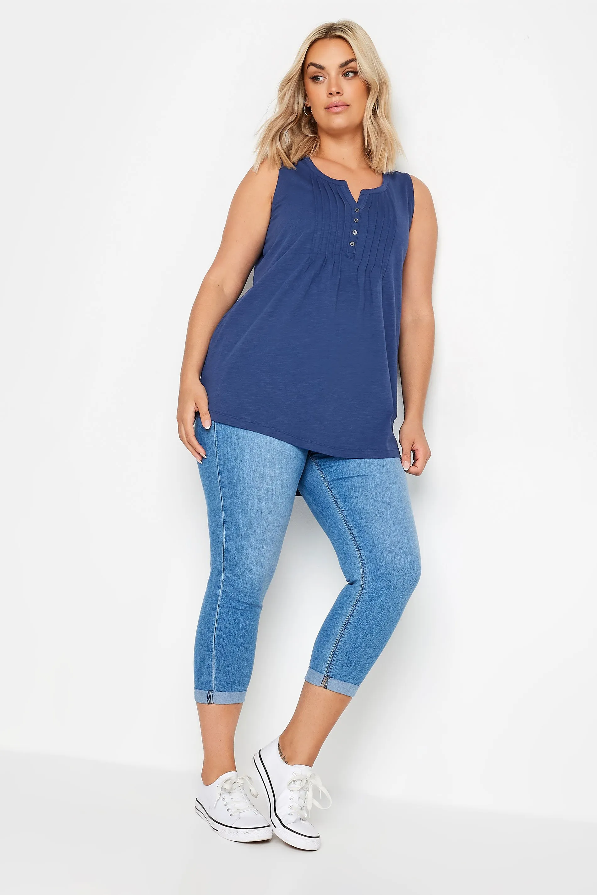 YOURS Curve Blue Pintuck Henley Vest Top