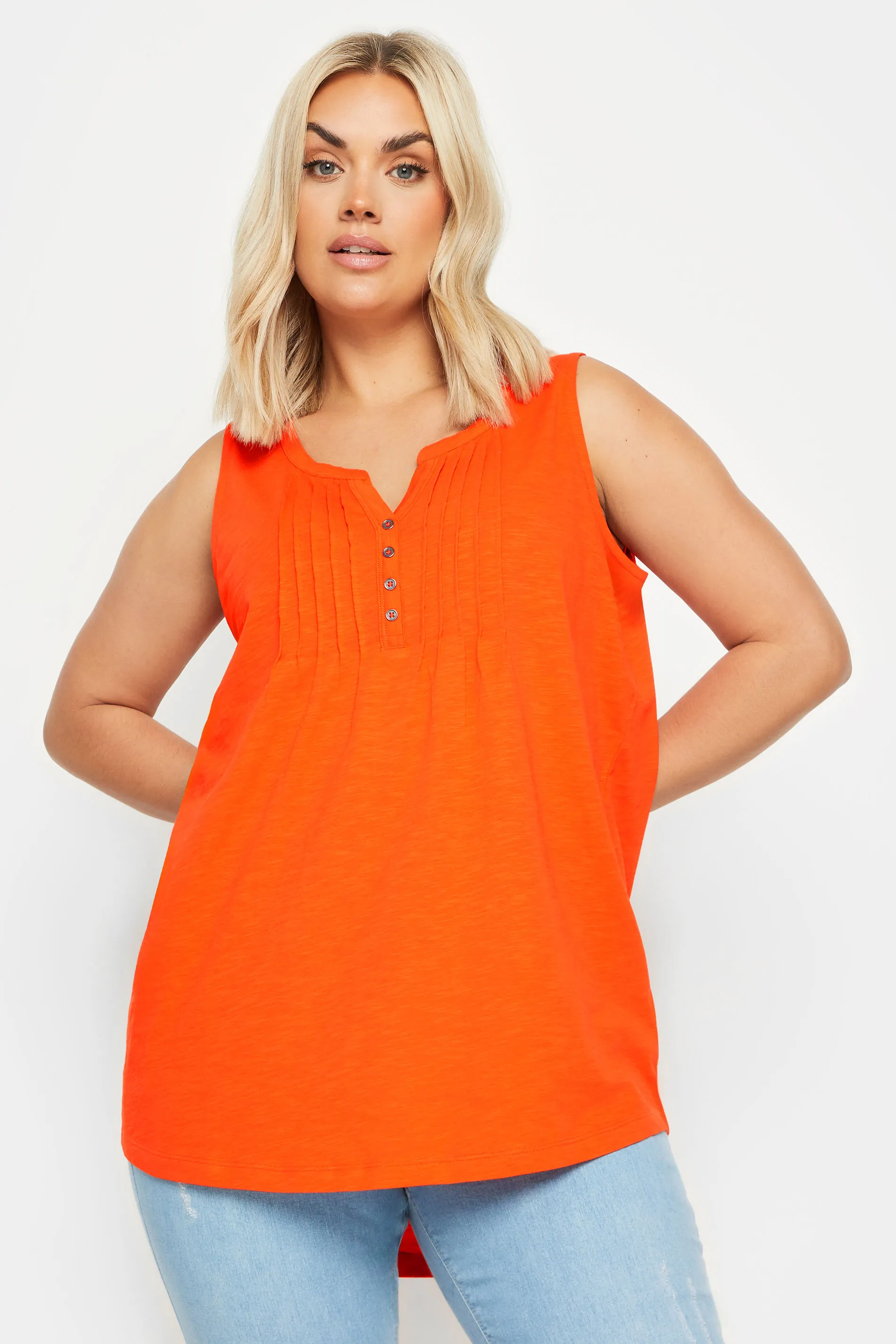 YOURS Curve Bright Orange Pintuck Henley Vest Top