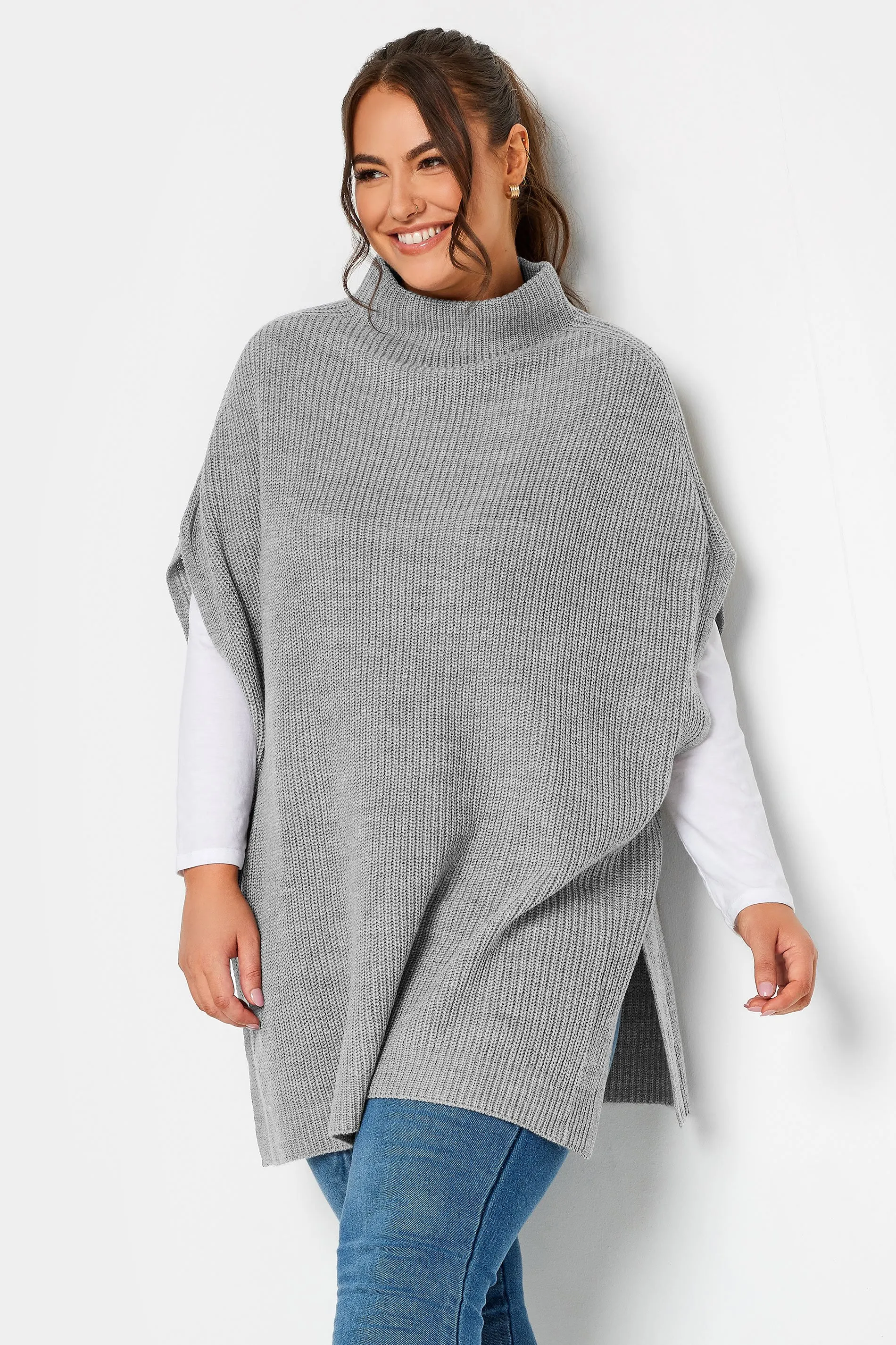 YOURS Curve Grey High Neck Knitted Vest Top